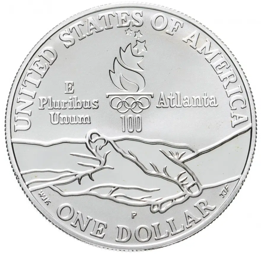 США 1 доллар (dollar) 1995 P "XXVI летние Олимпийские Игры, Атланта 1996 - Велоспорт", реверс