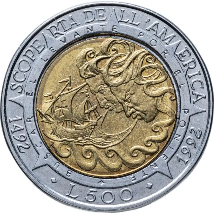 Сан-Марино 500 лир (lire) 1992  500 лет открытию Америки, реверс