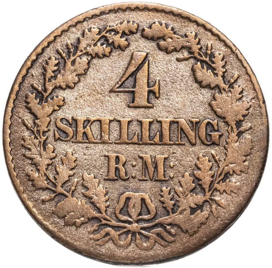 Дания 4 скиллинга ригсмонт (скиллинга-ригсмёнт, skilling rigsmont) 1856