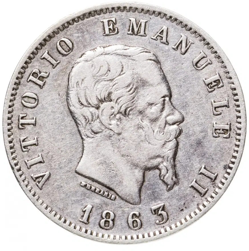 Италия 1 лира (lira) 1863 M Щит на реверсе знак монетного двора: "M" - Милан