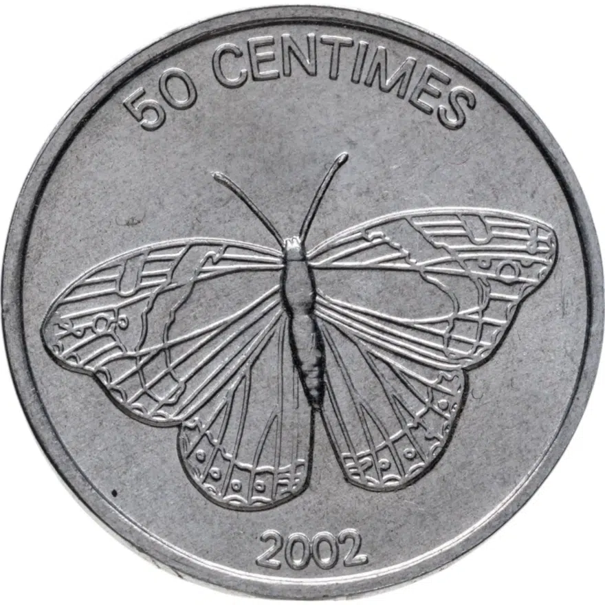 Конго (ДРК) 50 сантимов (centimes) 2002   "Животные - Бабочка", аверс