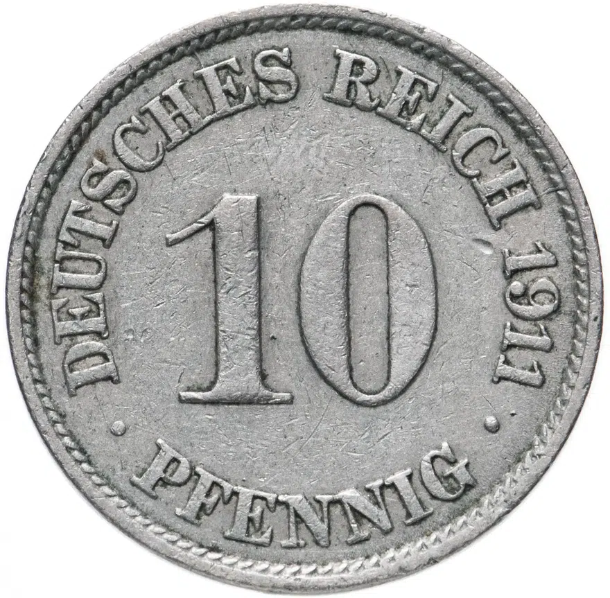 Германия 10 пфеннигов (pfennig) 1911 J знак монетного двора: "J" - Гамбург Германия, реверс
