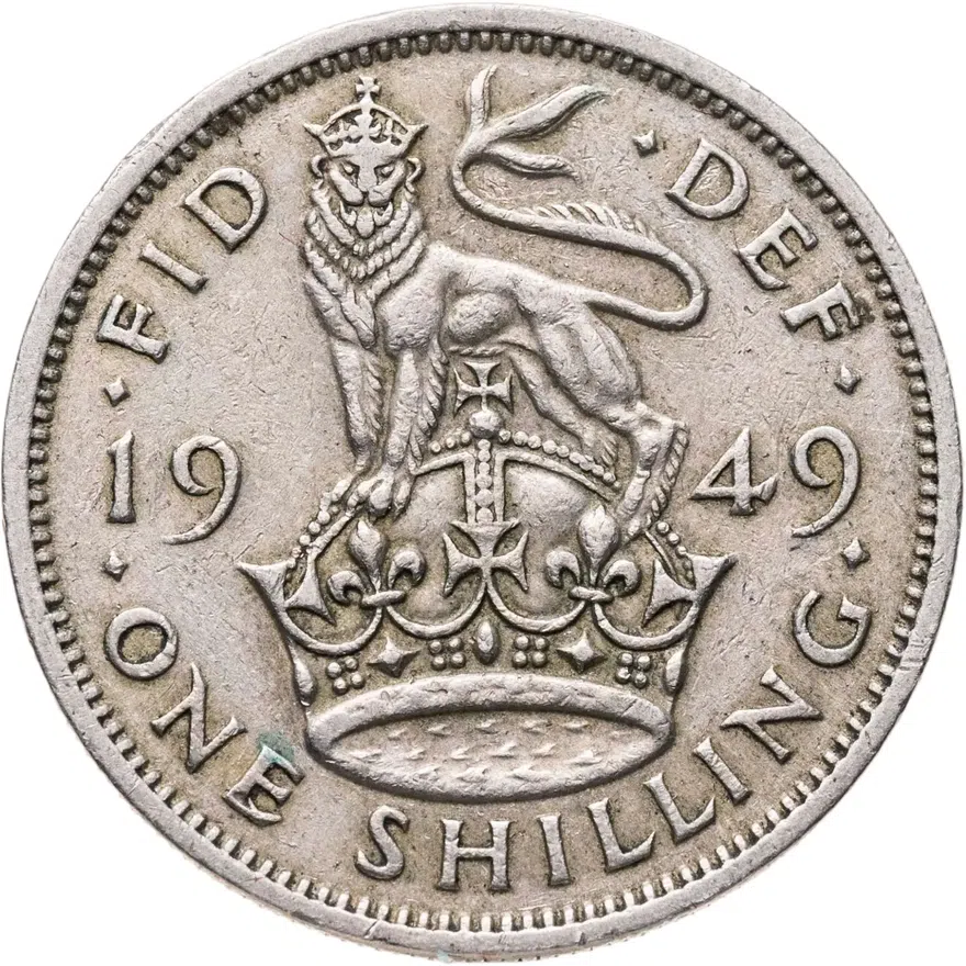 Великобритания 1 шиллинг (shilling) 1949  Английский шиллинг - лев, стоящий на короне, реверс
