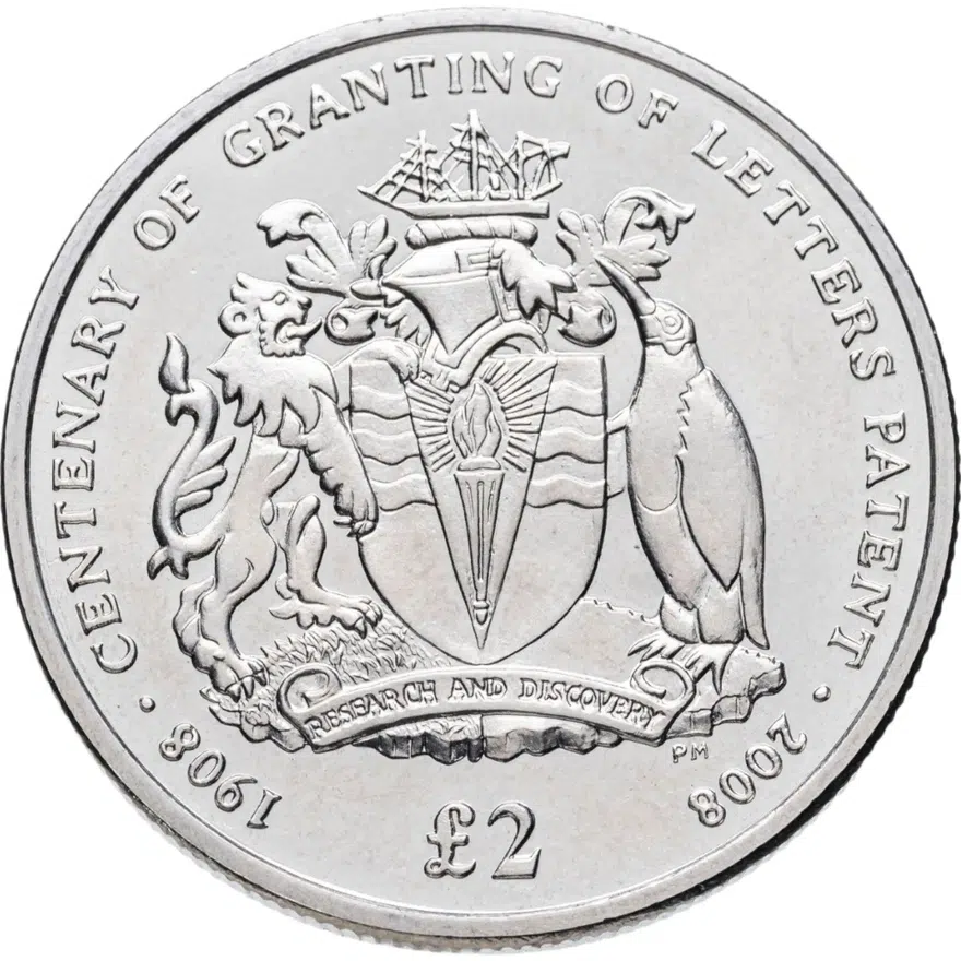 Британская антарктическая территория 2 фунта (pounds) 2008 "100 лет предоставлению патентного письма", реверс