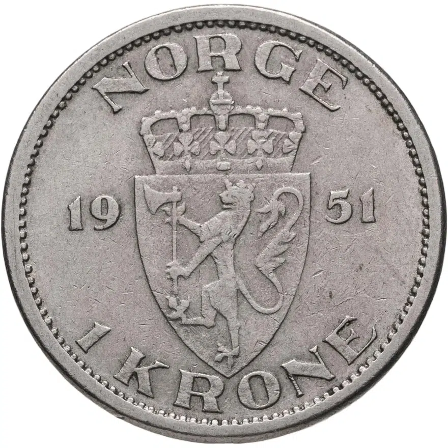 Норвегия 1 крона (crown) 1951  Форма: Круг без отверстия, реверс