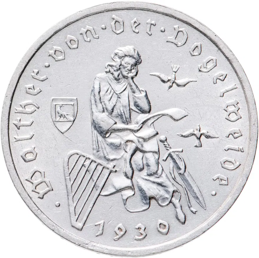 Германия 3 рейхсмарки (reichsmark) 1930 A 700 лет со дня смерти Вальтера фон дер Фогельвейде знак монетного двора "A" — Берлин