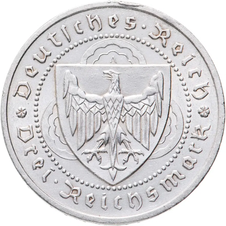 Германия 3 рейхсмарки (reichsmark) 1930 A 700 лет со дня смерти Вальтера фон дер Фогельвейде знак монетного двора "A" — Берлин, реверс