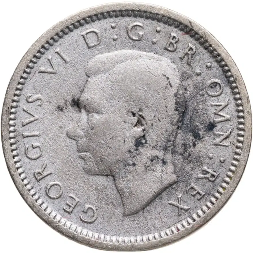 Великобритания 3 пенса (pence) 1943  Серебро /серый цвет/, аверс