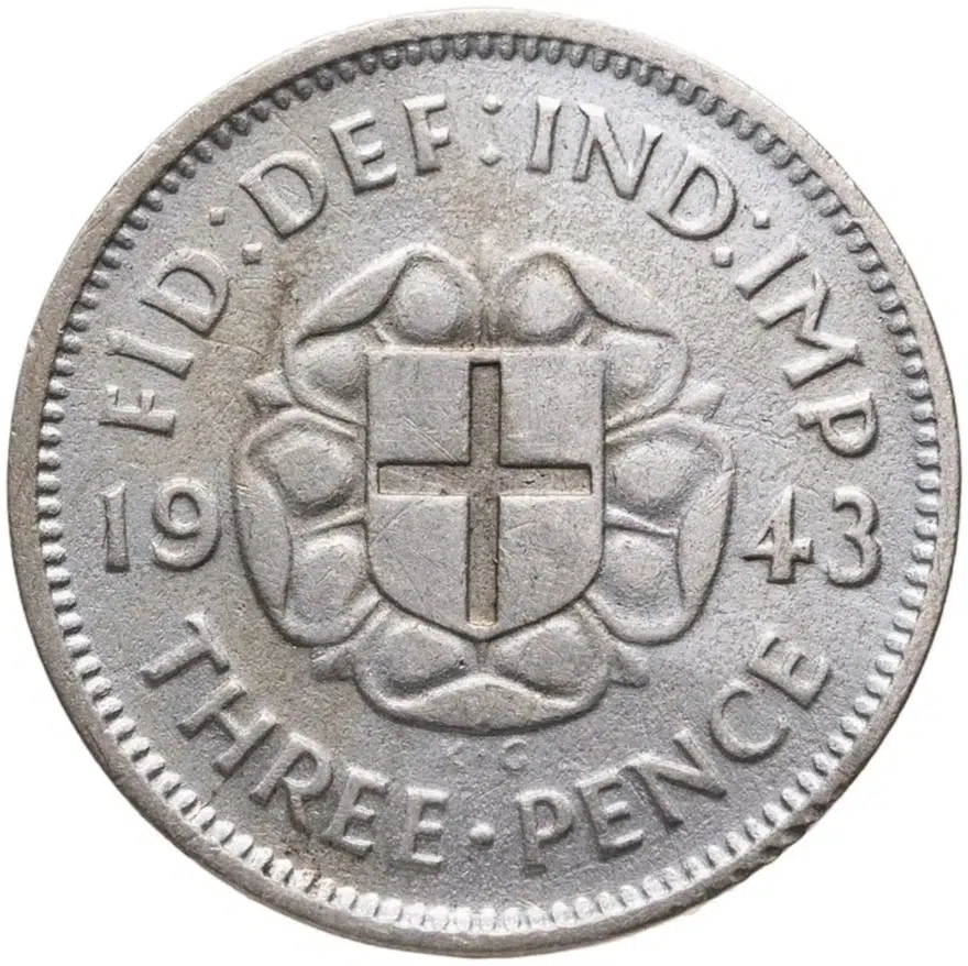 Великобритания 3 пенса (pence) 1943  Серебро /серый цвет/, реверс
