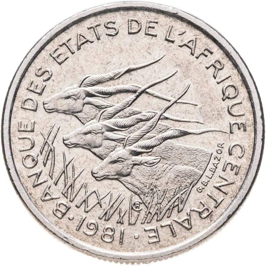 Центральная Африка (BEAC) 50 франков (francs) 1981   Отметка на реверсе "C" - Республика Конго