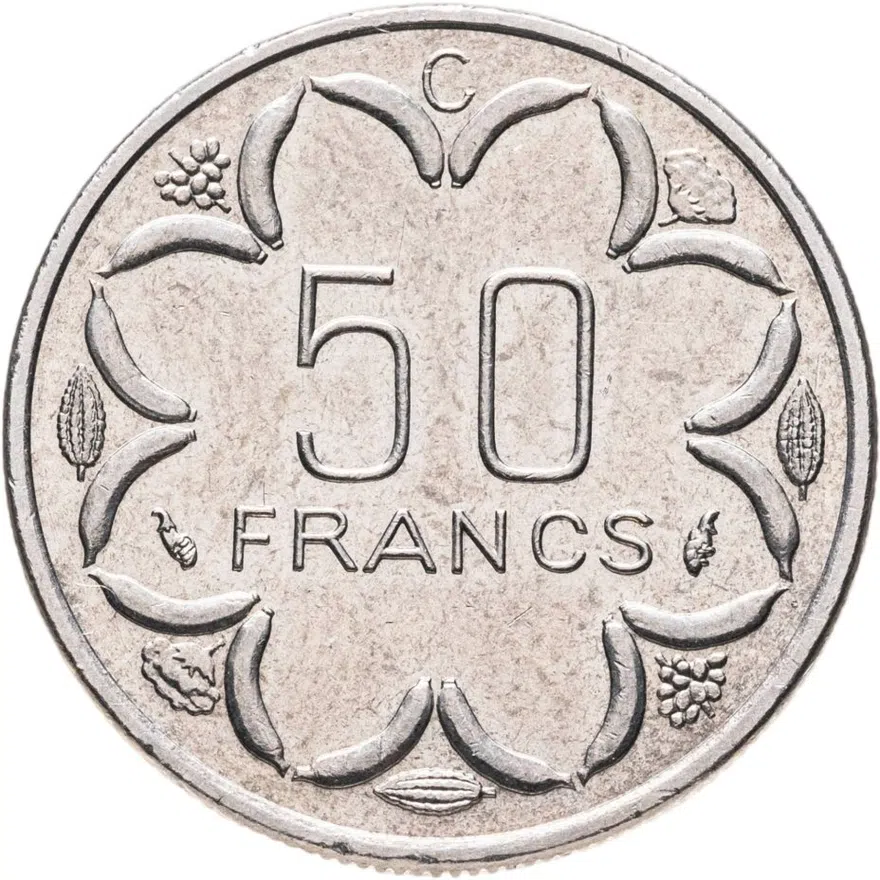 Центральная Африка (BEAC) 50 франков (francs) 1981   Отметка на реверсе "C" - Республика Конго, реверс