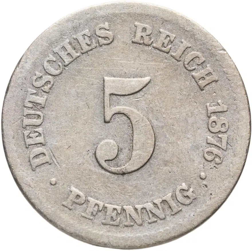 Германия 5 пфеннигов (pfennig) 1876 F  знак монетного двора: "F" - Штутгарт
