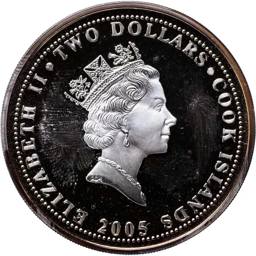 Острова Кука 2 доллара (dollars) 2005  Птицы Новой Зеландии - Новозеландский туи, реверс