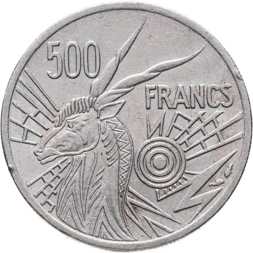 Центральная Африка (BEAC) 500 франков (francs) 1977 Отметка на реверсе "C" - Республика Конго, реверс