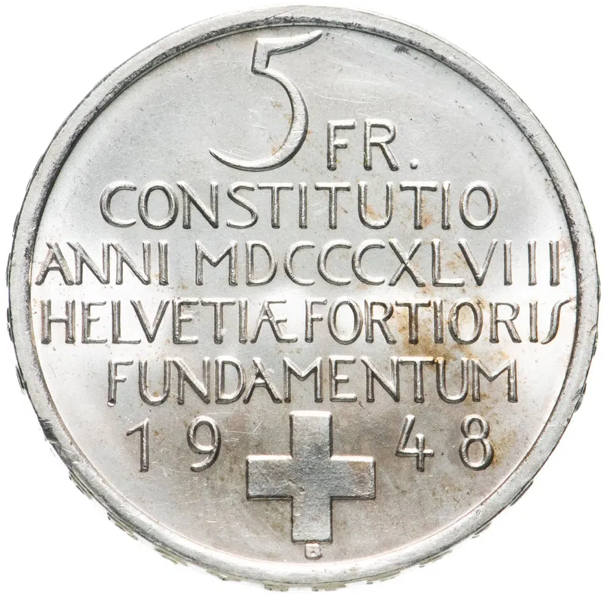 Швейцария 5 франков (francs) 1948 "100 лет Швейцарской Конституции"