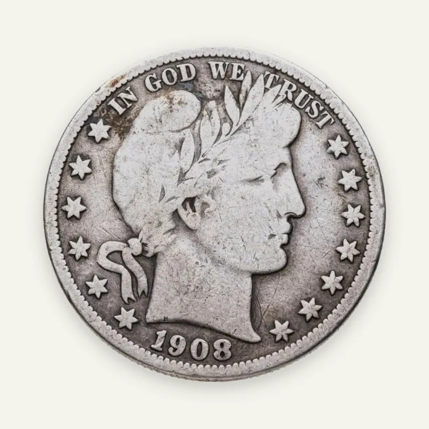 США 50 центов Барбера (1/2 доллара, half dollar) 1908, знак монетного двора: "O" - Новый Орлеан