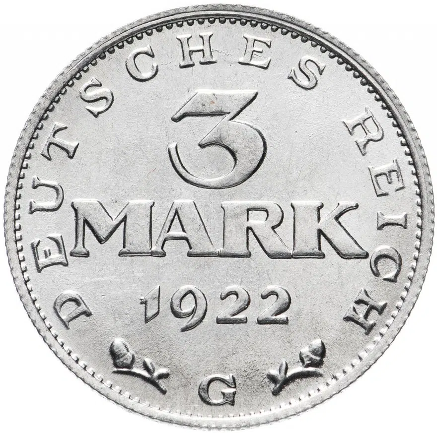 Германия 3 марки (mark) 1922 G "3-я годовщина Веймарской конституции", аверс