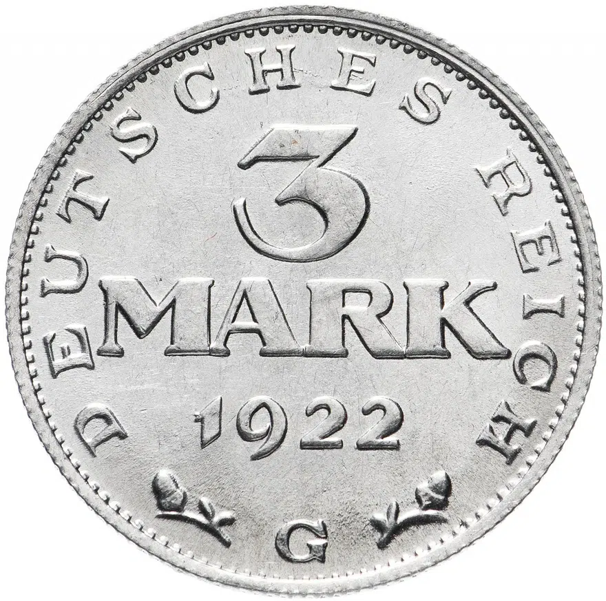 Германия 3 марки (mark) 1922 G "3-я годовщина Веймарской конституции", реверс
