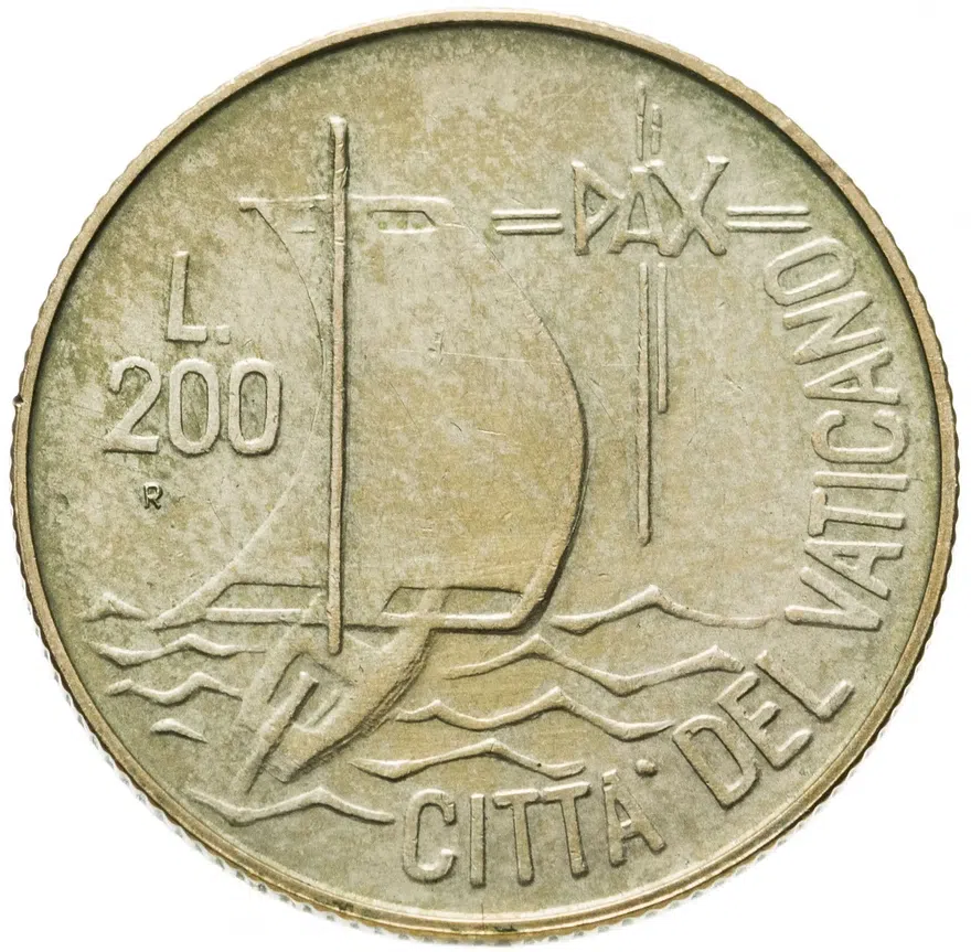 Ватикан 200 лир (lire) 1984  Год мира, реверс