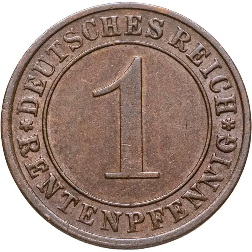 Германия 1 пфенниг (рентенпфенниг, rentenpfennig) 1923 E  знак монетного двора "E" — Мульденхюттен, аверс
