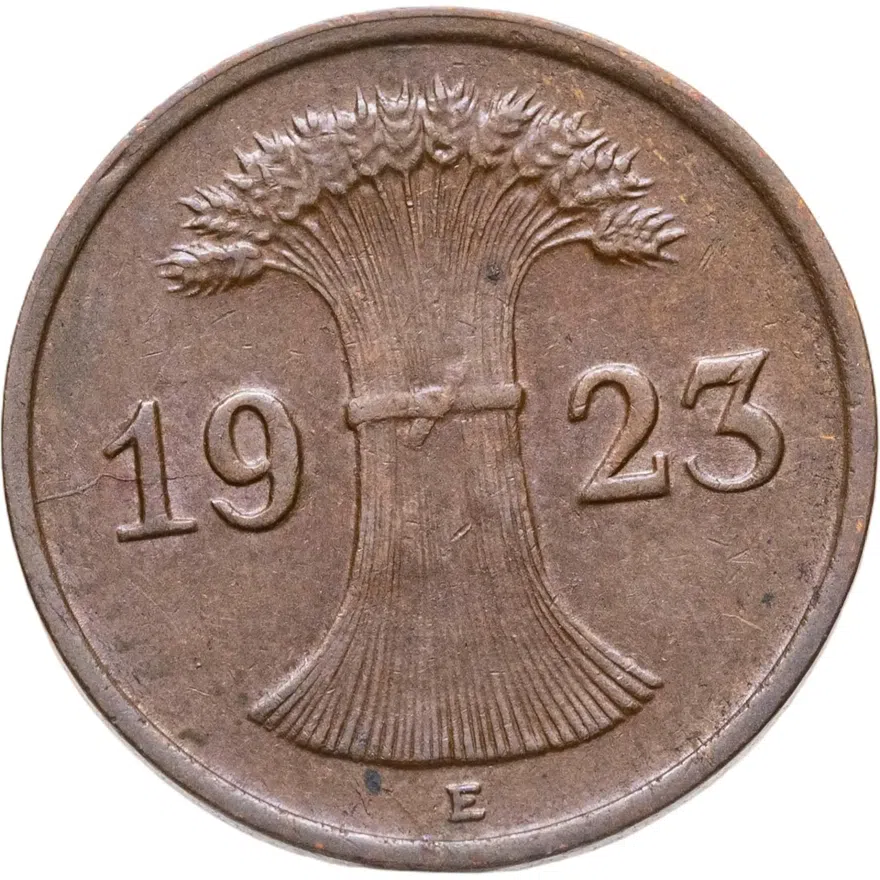 Германия 1 пфенниг (рентенпфенниг, rentenpfennig) 1923 E  знак монетного двора "E" — Мульденхюттен, реверс
