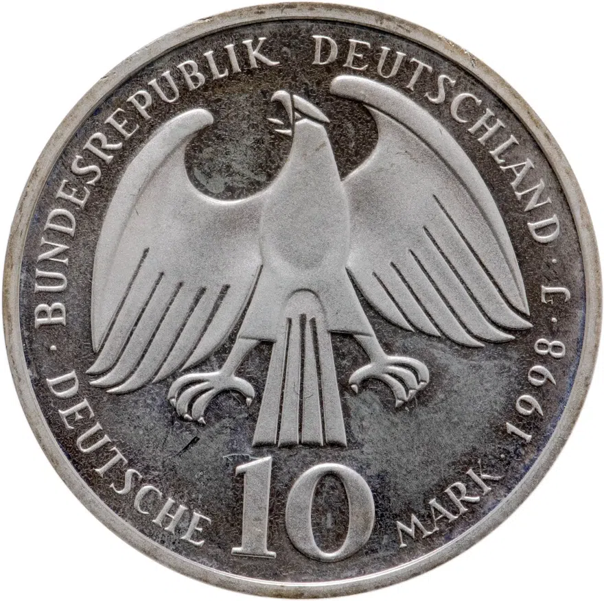 Германия 10 марок 1998 J  "350 лет подписания Вестфальского Мирного Договора", реверс