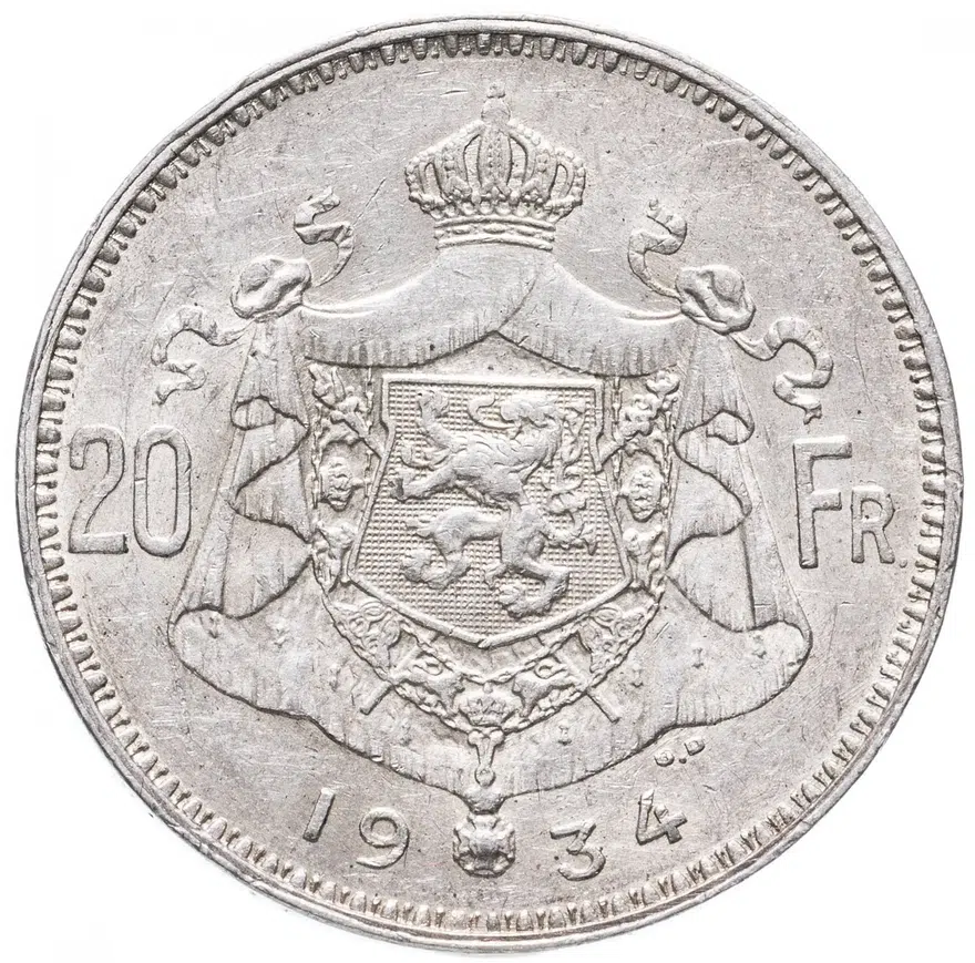 Бельгия 20 франков (francs) 1934 Надпись на французском - 'ALBERT ROI DES BELGES', реверс