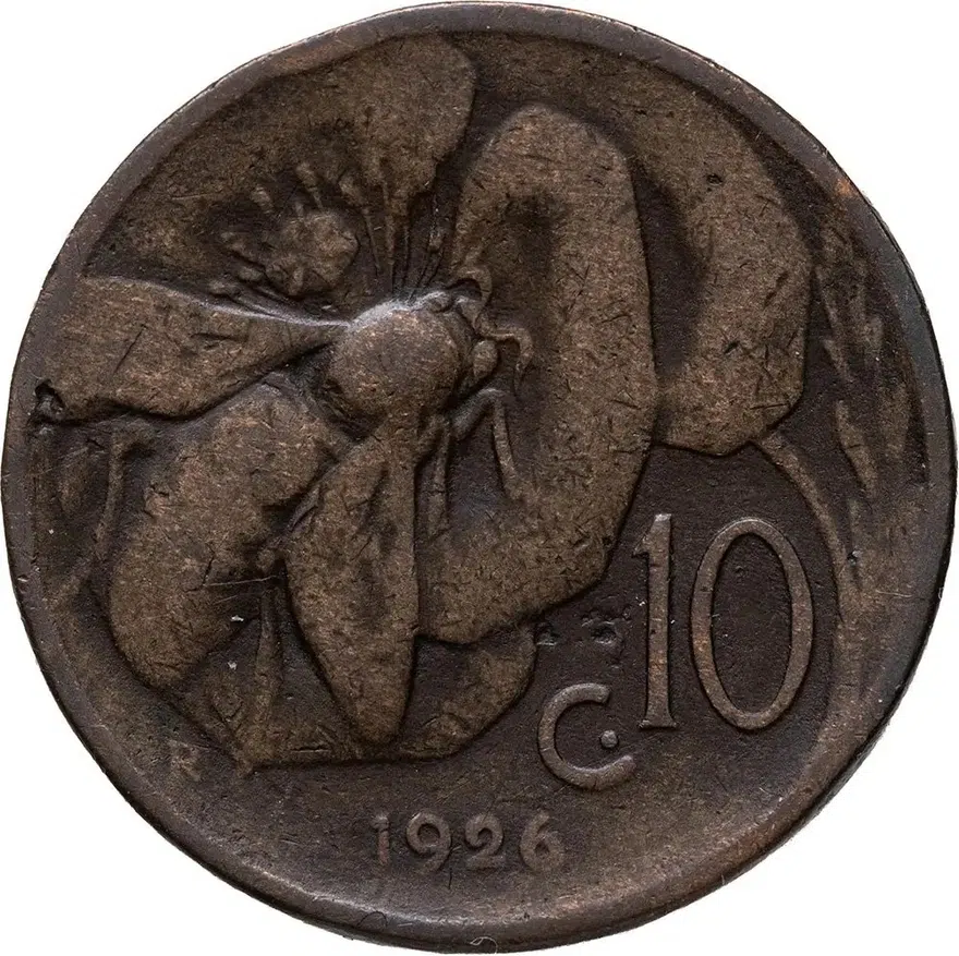 Италия 10 чентезимо (centesimi) 1926, реверс