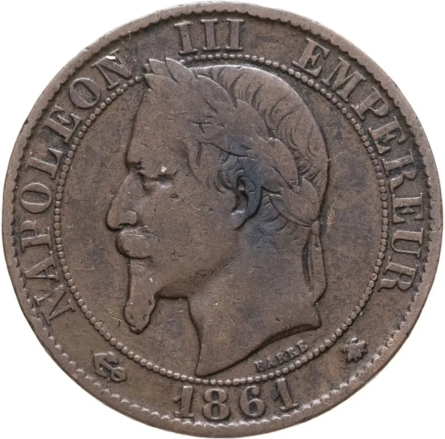 Франция 5 сантимов (centimes) 1861 A  знак монетного двора: "A" - Париж, аверс
