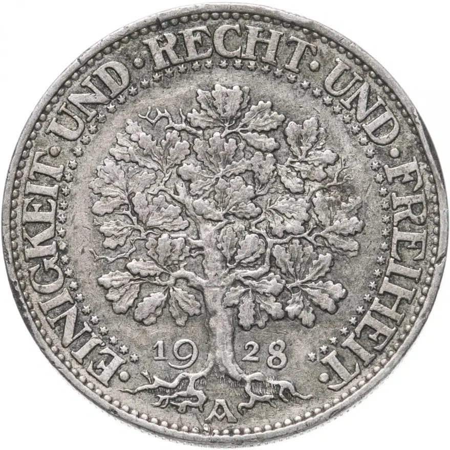 Германия 5 рейхсмарок (reichsmark) 1928 A  знак монетного двора "A" — Берлин