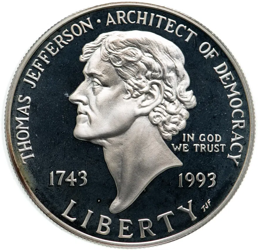 США 1 доллар (dollar) 1993 S Jefferson (250 лет со дня рождения Томаса Джефферсона) знак монетного двора "S" - Сан-Франциско