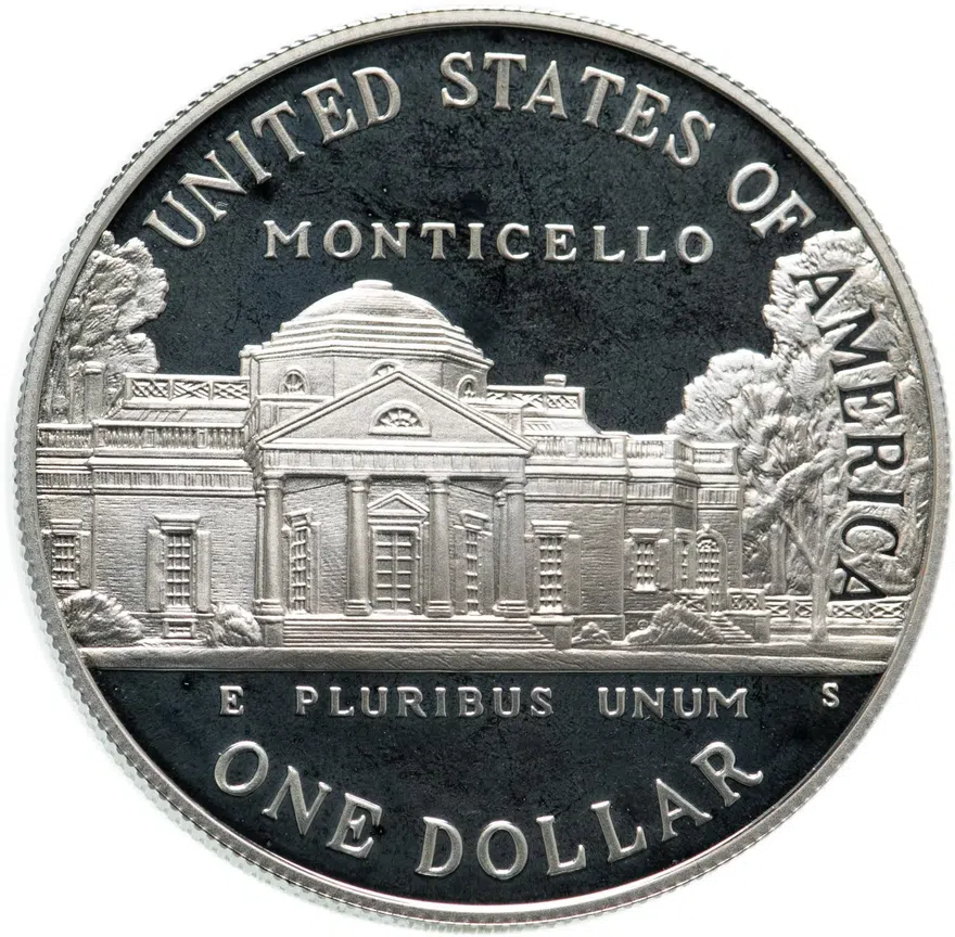 США 1 доллар (dollar) 1993 S Jefferson (250 лет со дня рождения Томаса Джефферсона) знак монетного двора "S" - Сан-Франциско, реверс