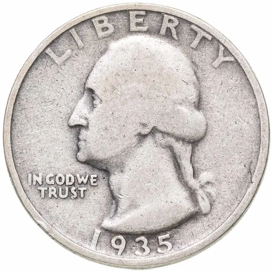 США 25 центов (квотер, 1/4 доллара, quarter dollar) 1935 знак монетного двора: "D" - Денвер, аверс