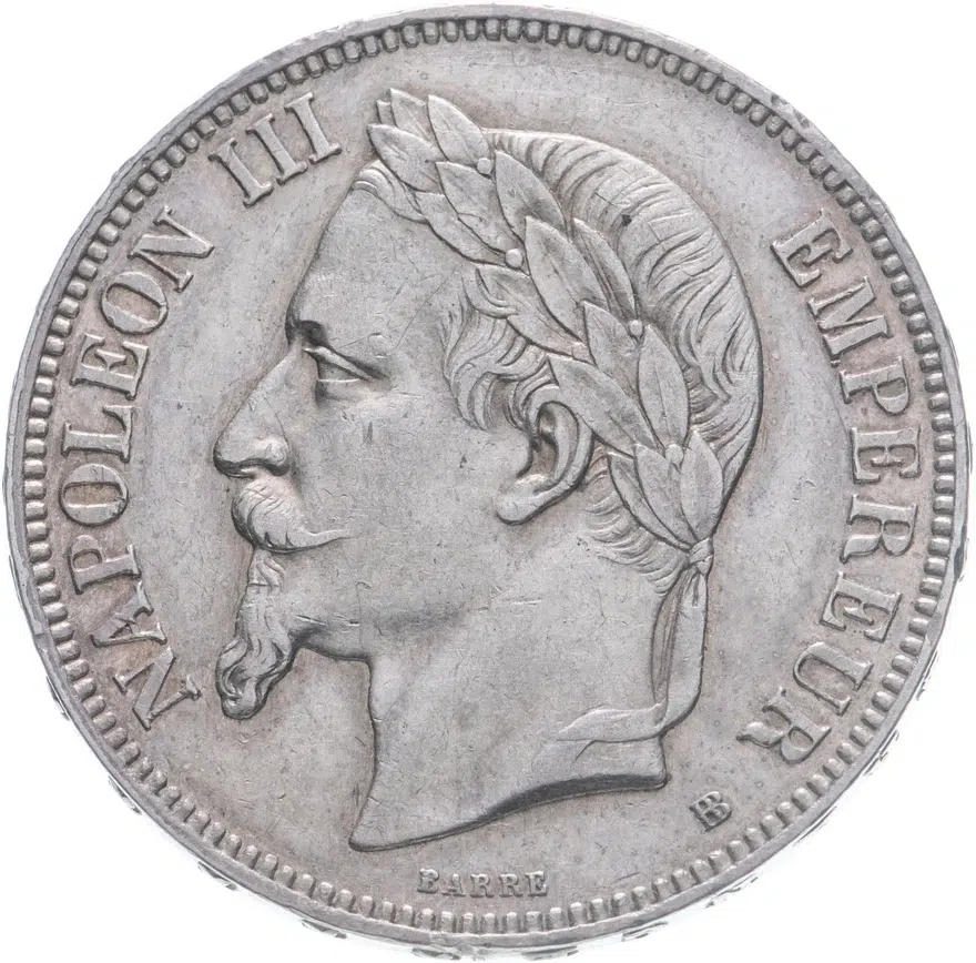 Франция 5 франков (francs) 1870 BB  знак монетного двора: "BB" - Страсбург, аверс