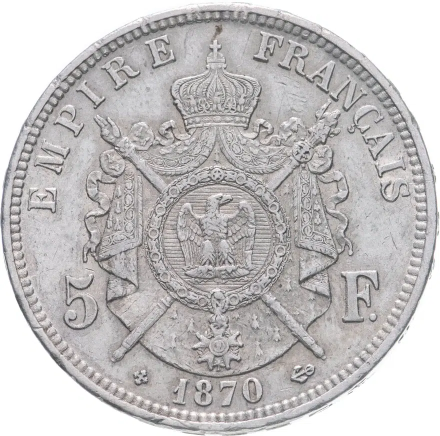 Франция 5 франков (francs) 1870 BB  знак монетного двора: "BB" - Страсбург, реверс