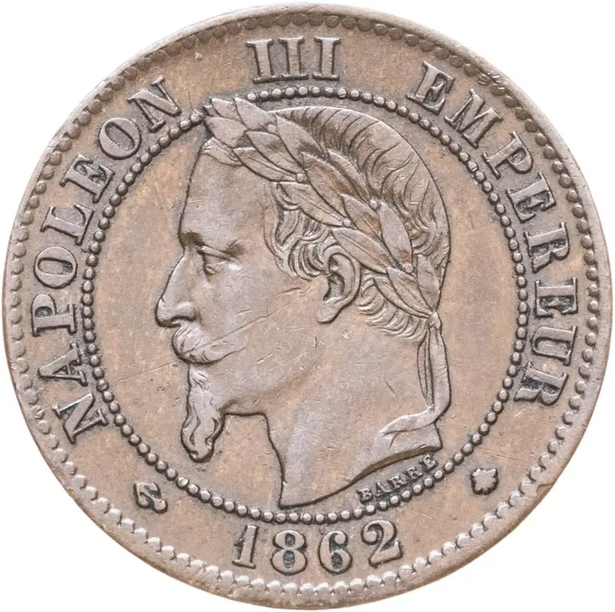 Франция 2 сантима (centimes) 1862 A  знак монетного двора: "A" - Париж