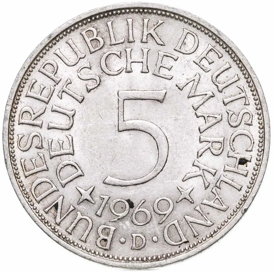 Германия 5 марок (deutsche mark) 1969 D  знак монетного двора: "D" - Мюнхен