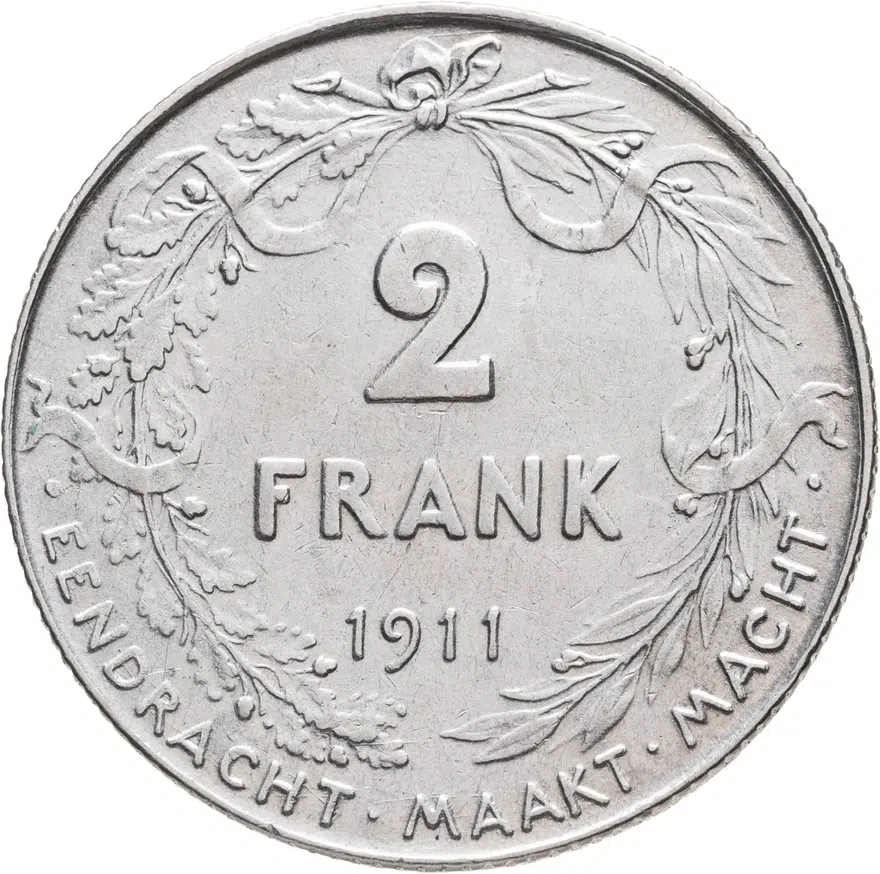 Бельгия 2 франка (francs) 1911  Надпись на голландском - 'ALBERT KONING DER BELGEN', реверс