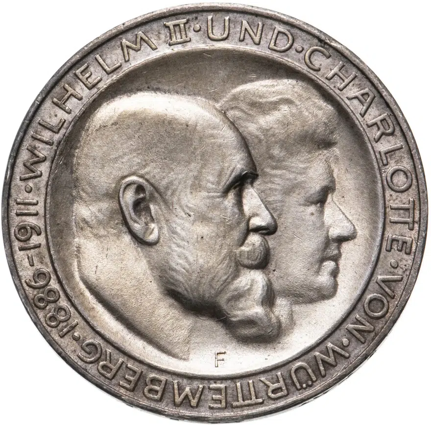 Германия (Империя) 3 марки (mark) 1911 F 25 лет свадьбе Вильгельма II Вюртембергского и Шарлотты Шаумбург-Липпской