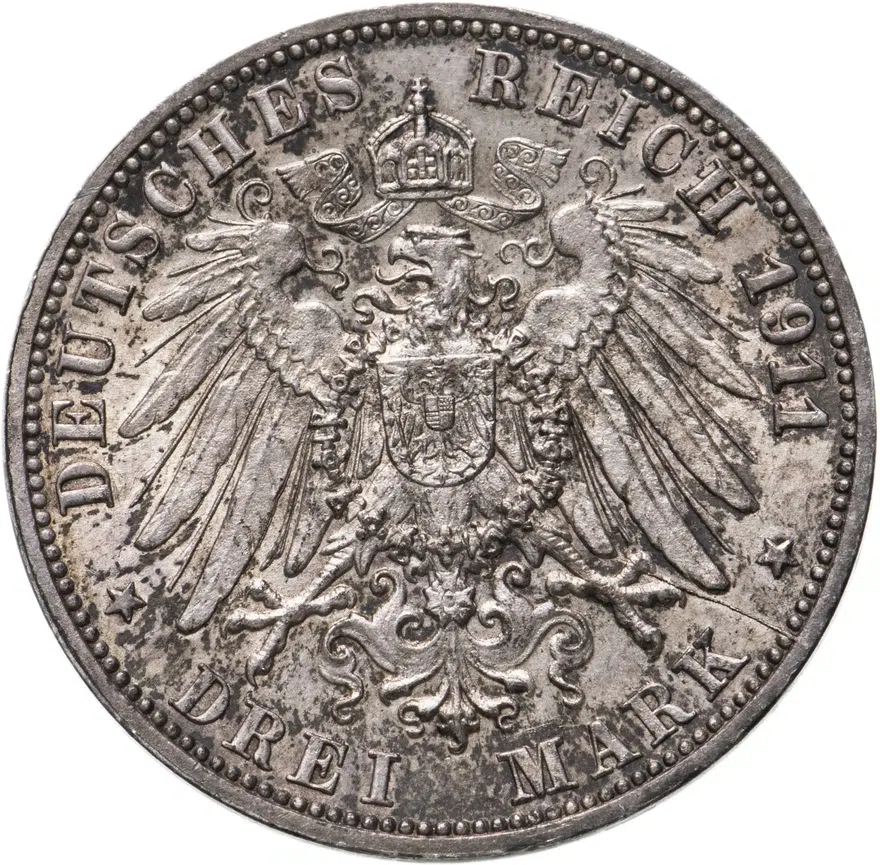 Германия (Империя) 3 марки (mark) 1911 F 25 лет свадьбе Вильгельма II Вюртембергского и Шарлотты Шаумбург-Липпской, реверс
