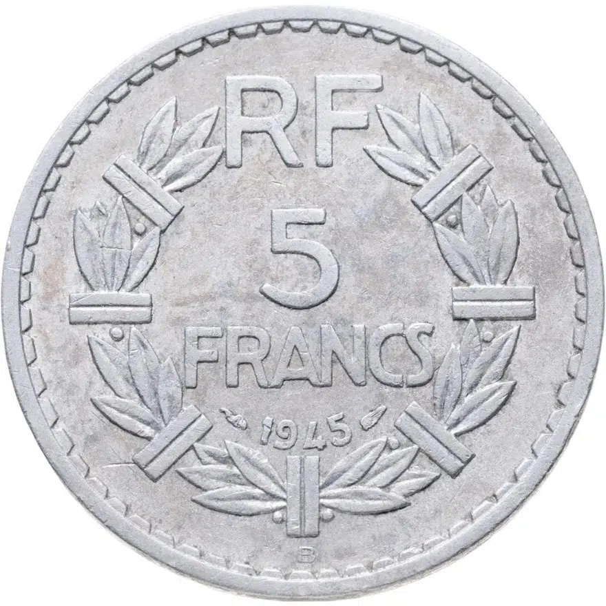 Франция 5 франков (francs) 1945 B Алюминий /серый цвет/ знак монетного двора: "B" - Бомон-ле-Роже, аверс