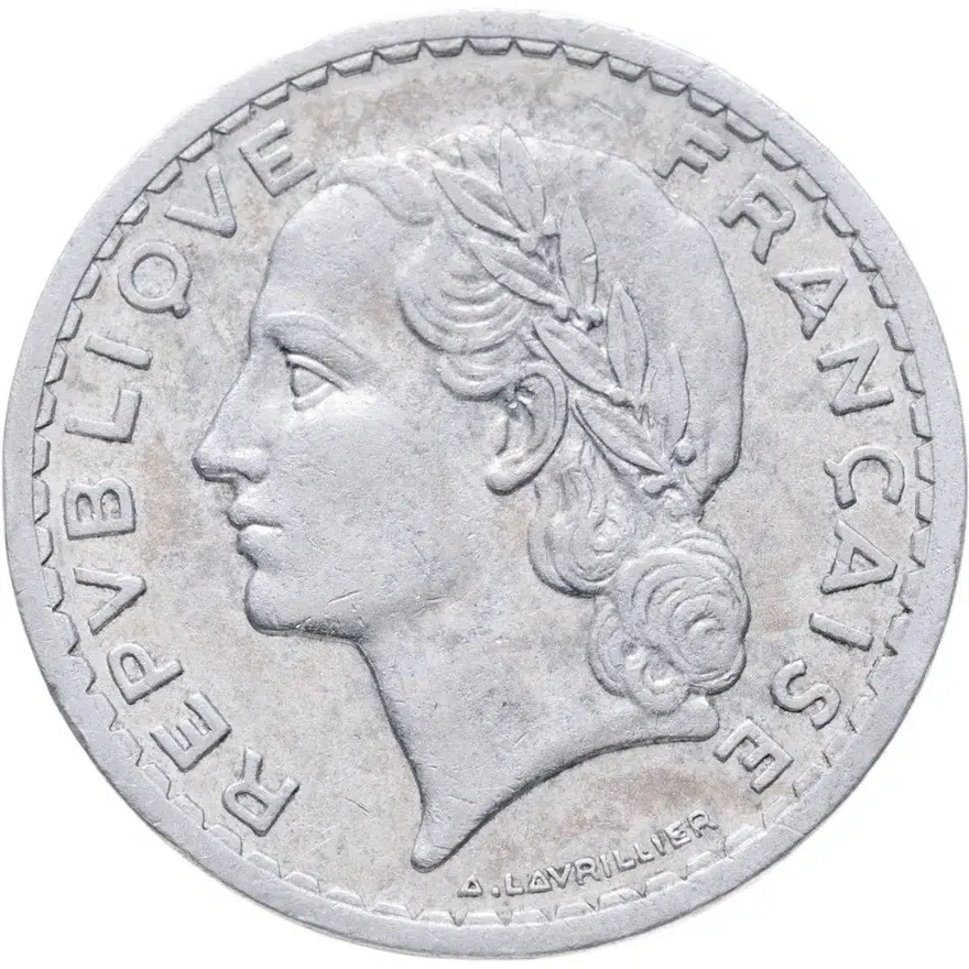 Франция 5 франков (francs) 1945 B Алюминий /серый цвет/ знак монетного двора: "B" - Бомон-ле-Роже, реверс
