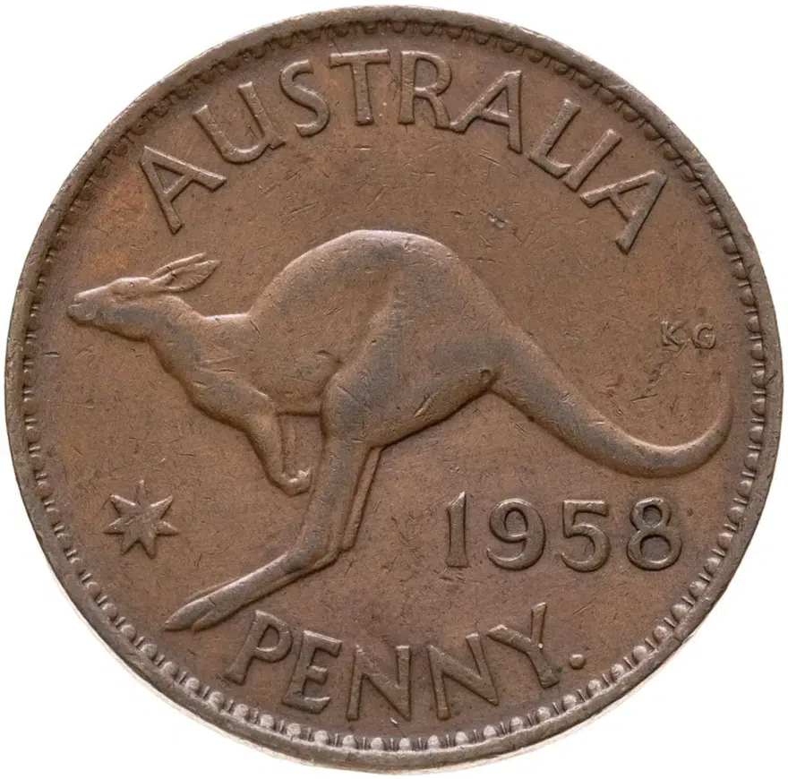Австралия 1 пенни (penny) 1958   Точка после "PENNY." - Монетный двор Перта, аверс