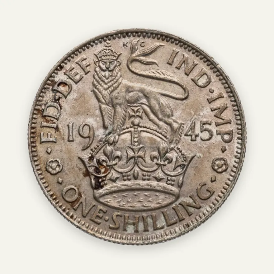 Великобритания 1 шиллинг (shilling) 1945  Английский шиллинг - лев, стоящий на короне