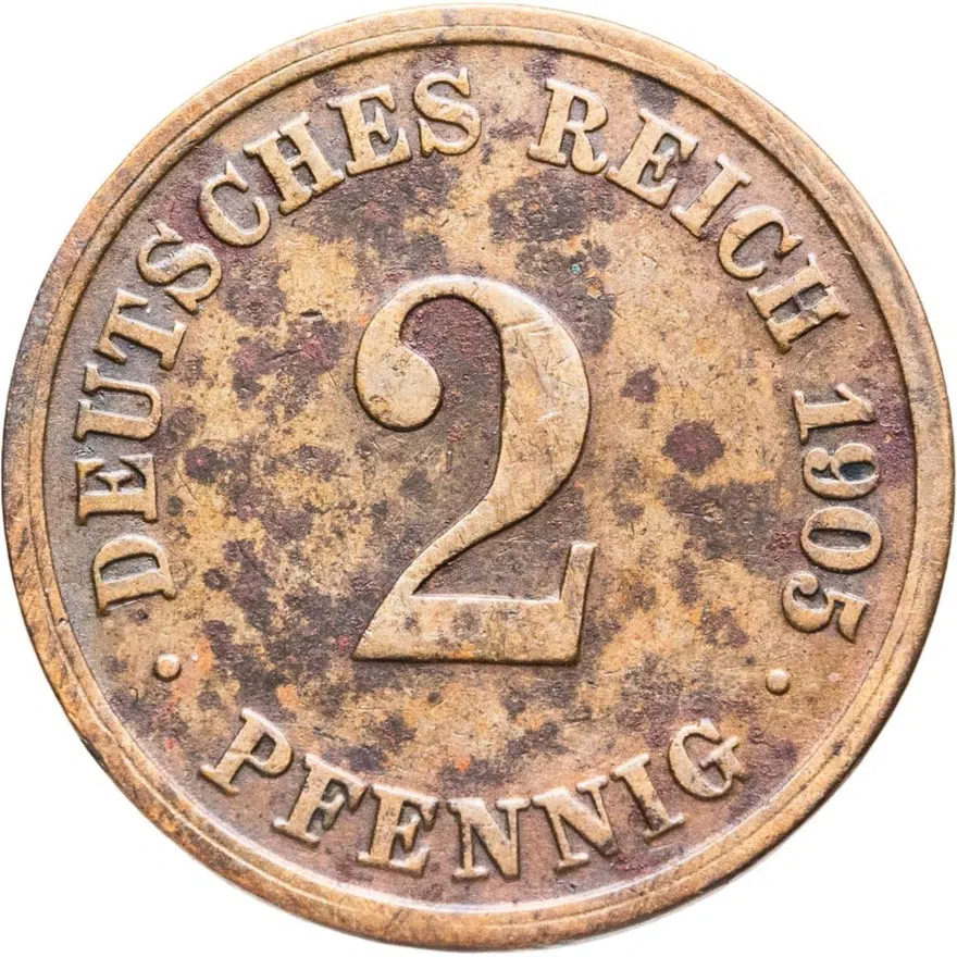 Германия 2 пфеннига (pfennig) 1905 D  знак монетного двора: "D" - Мюнхен, аверс
