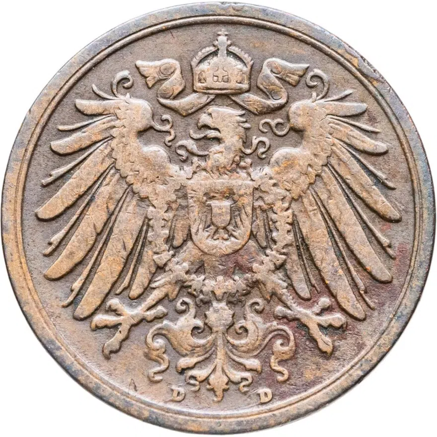 Германия 2 пфеннига (pfennig) 1905 D  знак монетного двора: "D" - Мюнхен, реверс