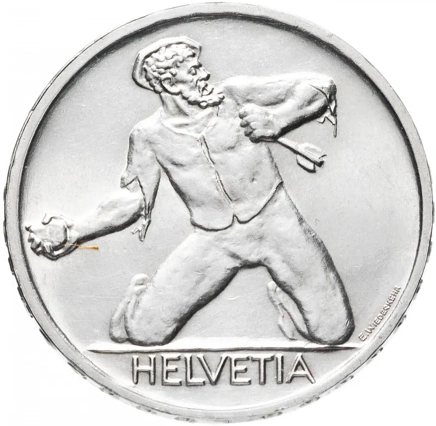 Швейцария 5 франков (francs) 1944 "500 лет Битве у Сент-Якоба", аверс