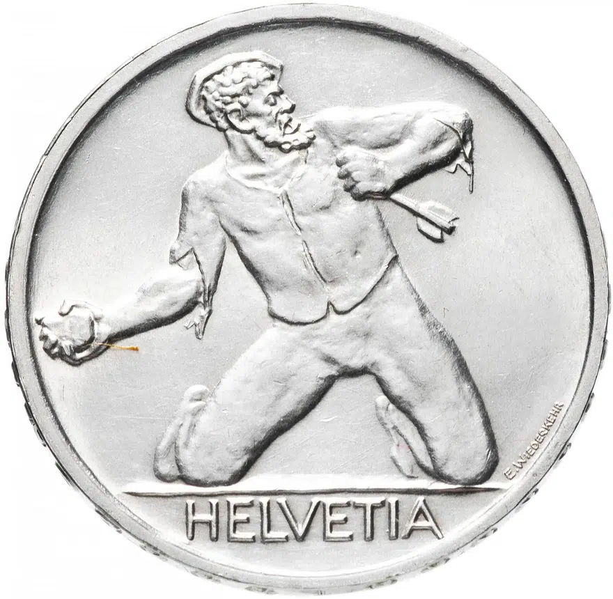 Швейцария 5 франков (francs) 1944 "500 лет Битве у Сент-Якоба", реверс