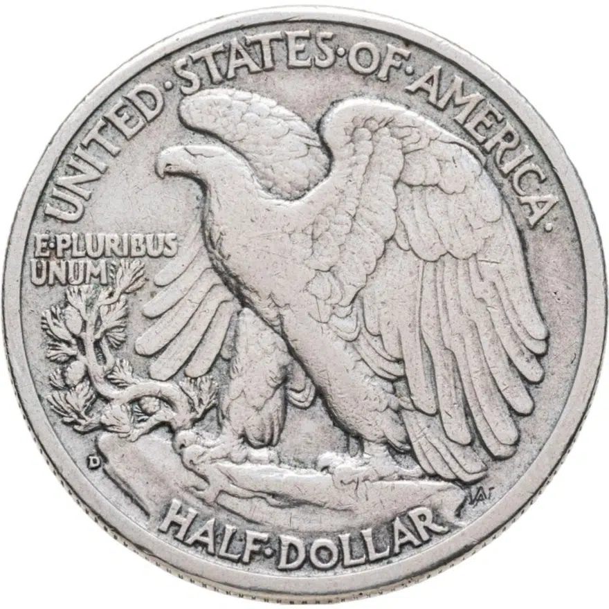 США 50 центов (1/2 доллара, half dollar) 1942 D Walking Liberty Half Dollar знак монетного двора: "D" - Денвер