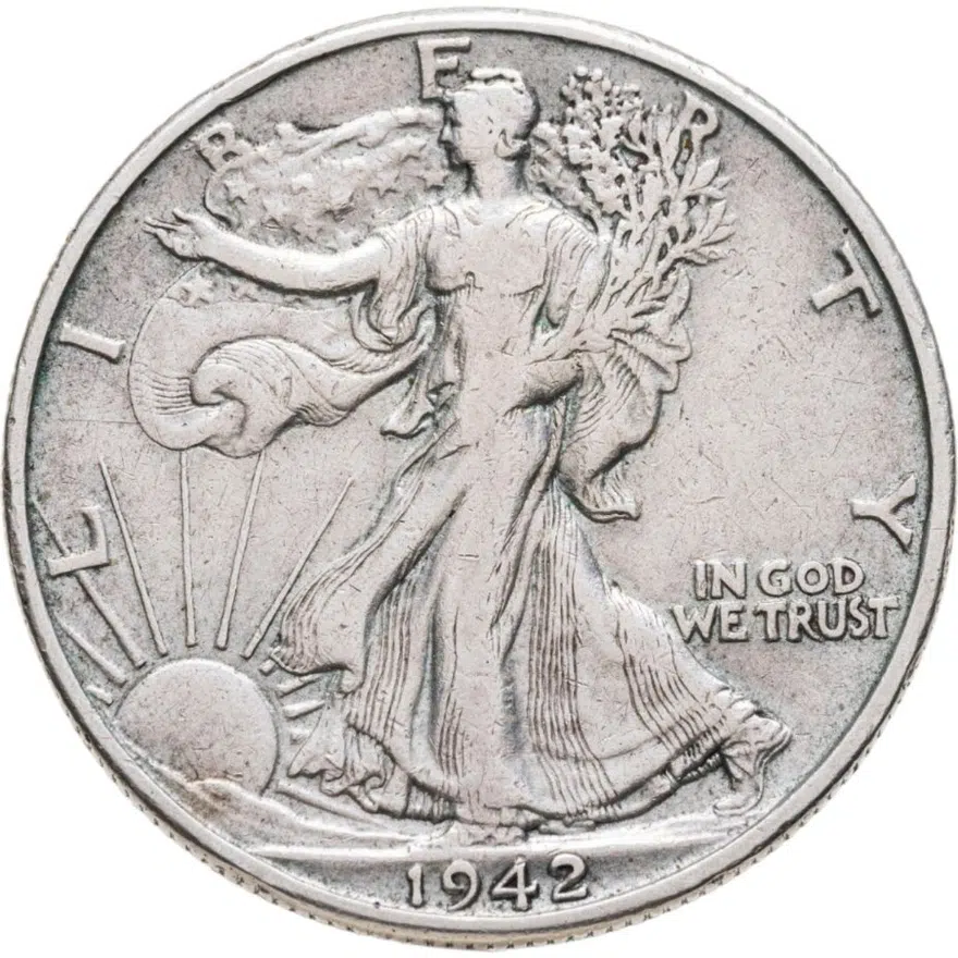 США 50 центов (1/2 доллара, half dollar) 1942 D Walking Liberty Half Dollar знак монетного двора: "D" - Денвер, реверс